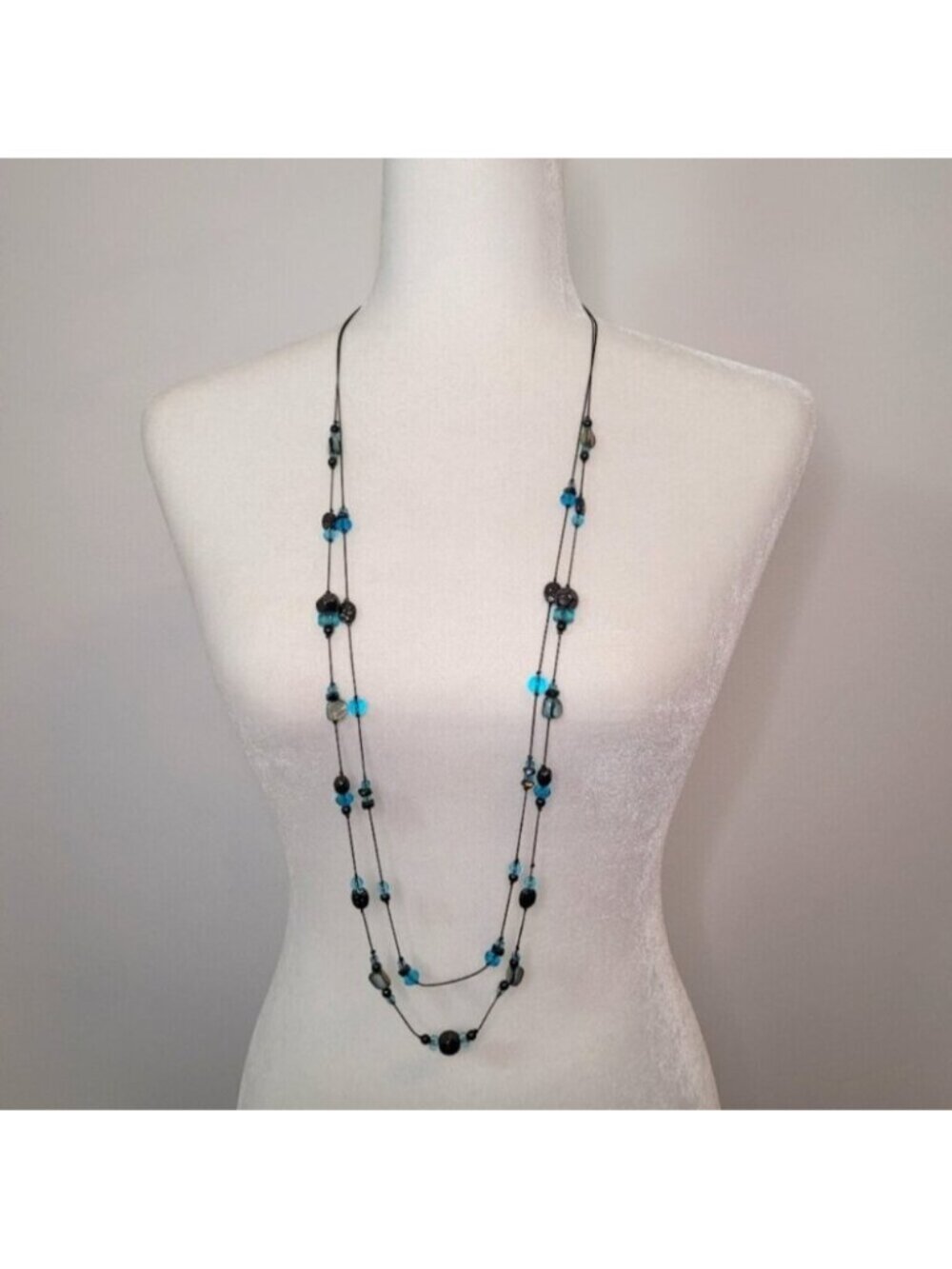 💘Slate Gray Long Double Chain Turquoise Beads Necklace